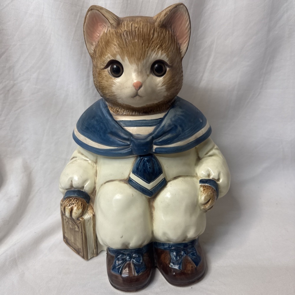 Vtg Wilbur Milton Sailor Cat w/Book Cookie Jar Ceramic Hand Painted Glass Eyes